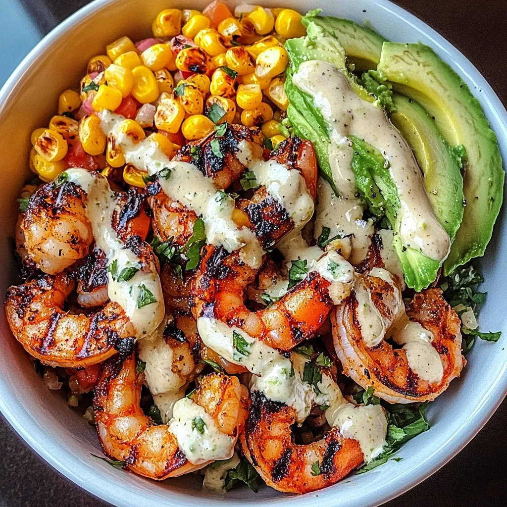 Grilled Shrimp Bowl with Avocado, Corn Salsa & Creamy Garlic Sauce