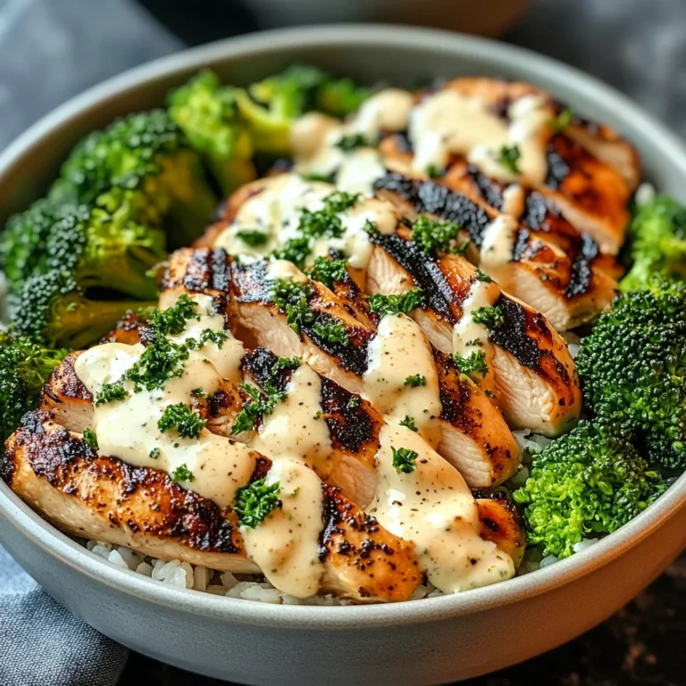Grilled Chicken & Broccoli Bowls with Creamy Garlic Sauce