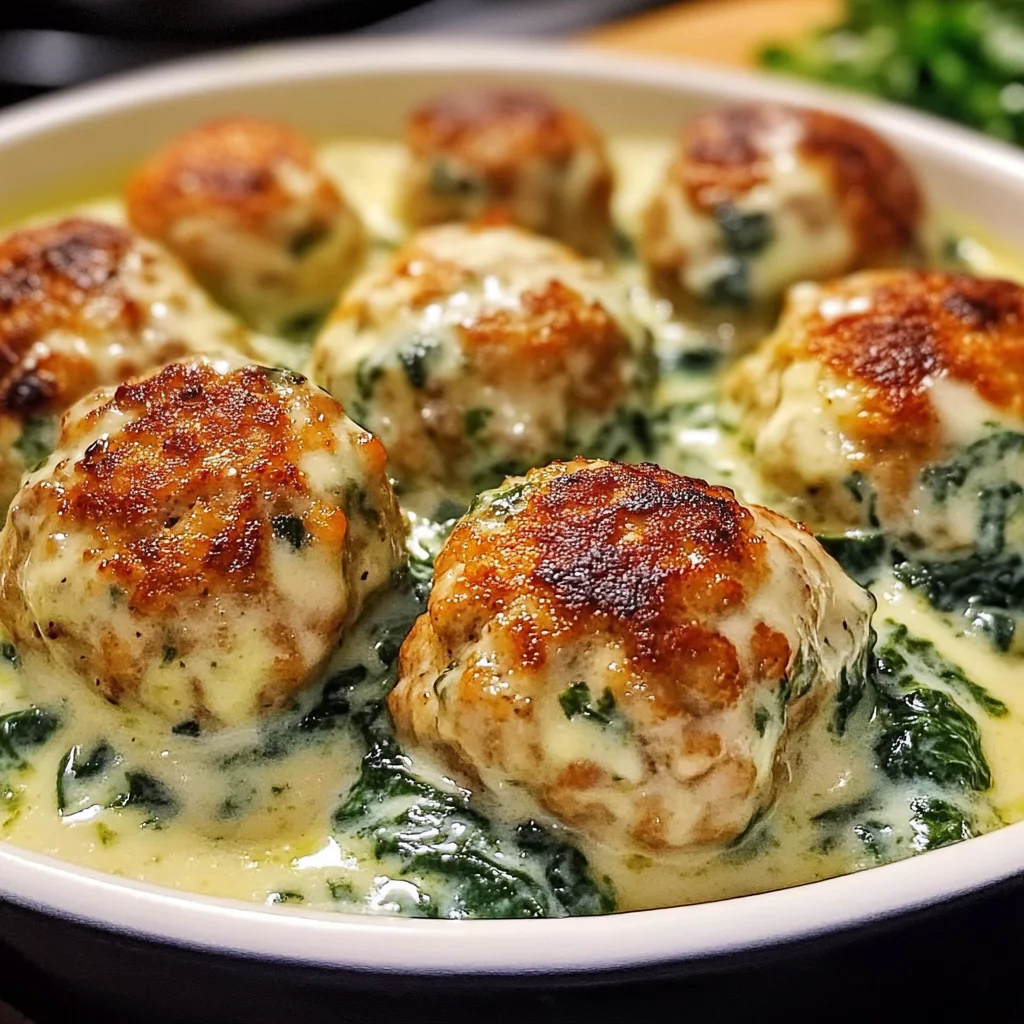Baked Chicken Ricotta Meatballs with Spinach Alfredo Sauce