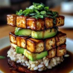 Crispy Teriyaki Tofu and Avocado Rice Stack