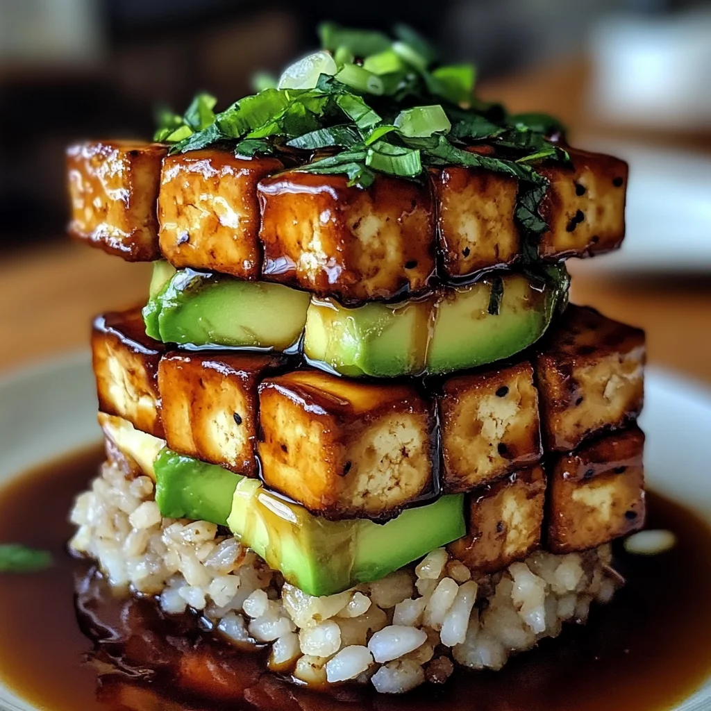 Crispy Teriyaki Tofu and Avocado Rice Stack