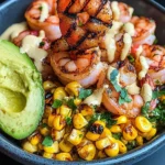 Grilled Shrimp Bowl with Avocado, Corn Salsa & Creamy Sauce