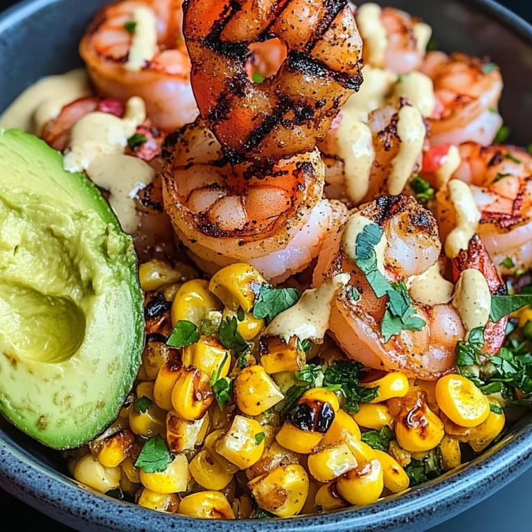 Grilled Shrimp Bowl with Avocado, Corn Salsa & Creamy Sauce