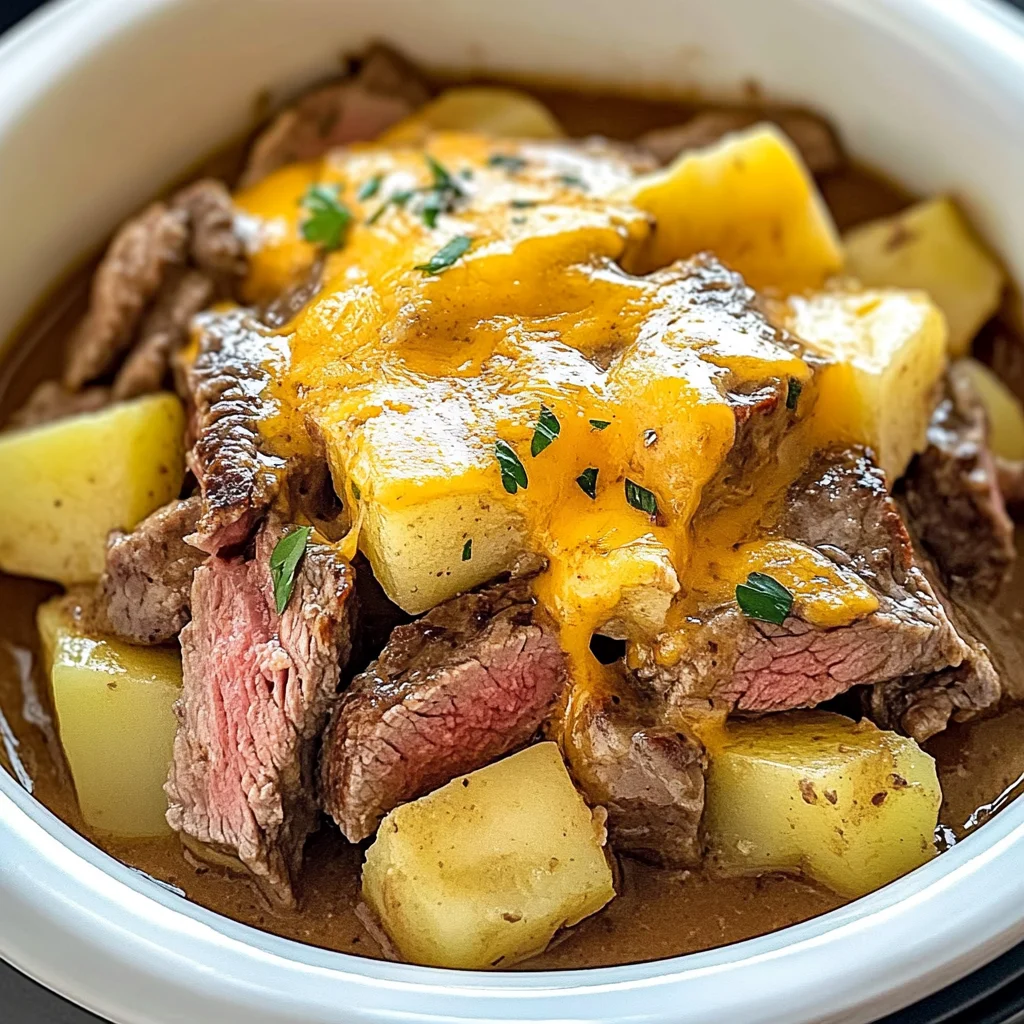 Slow Cooker Steak and Cheddar Potato Casserole