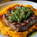 Steak with Green Sauce and Mashed Sweet Potatoes