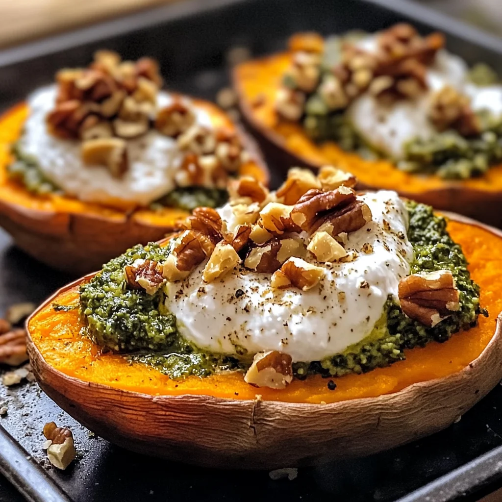 Stuffed Sweet Potatoes with Burrata, Toasted Walnuts & Sage Pesto