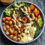 Roasted Veggie Chickpea Bowls with Maple Dijon Tahini Dressing